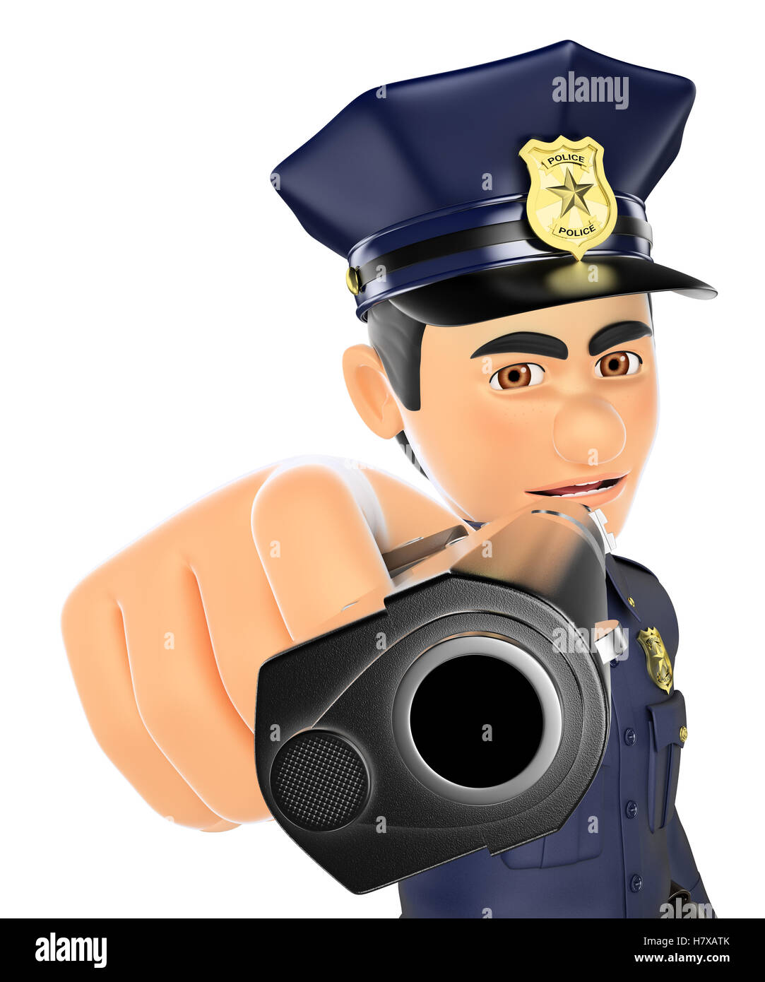 3d security forces people illustration. Policeman pointing a gun in front. Isolated white background. Stock Photo