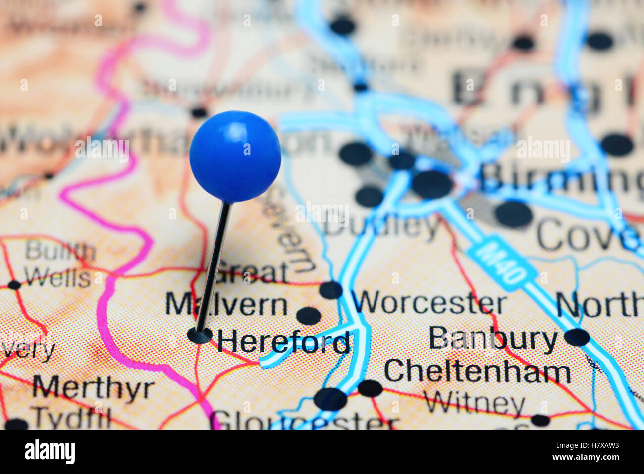 Hereford pinned on a map of UK Stock Photo