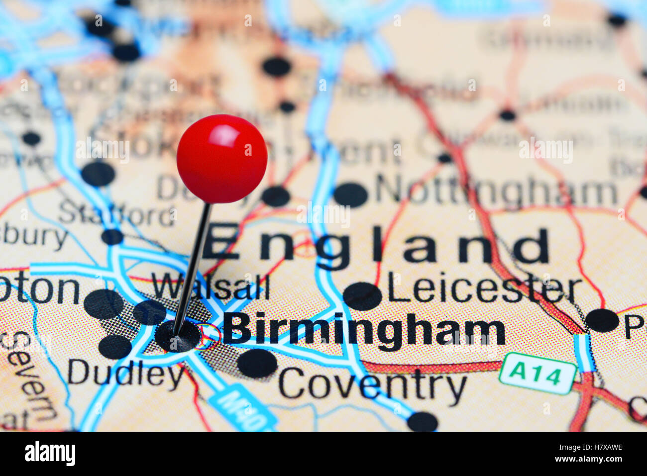 Birmingham pinned on a map of UK Stock Photo - Alamy