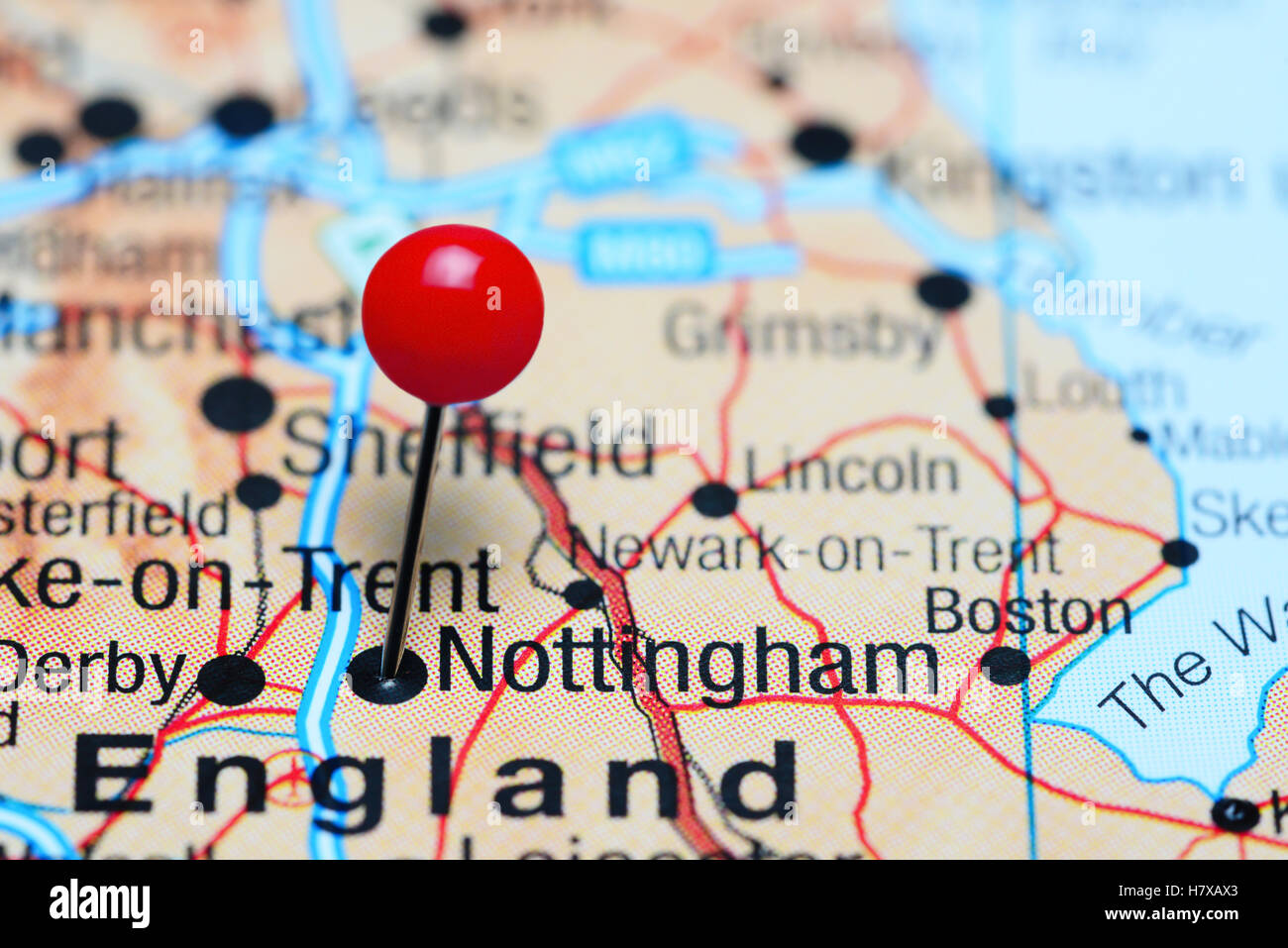 Nottingham pinned on a map of UK Stock Photo