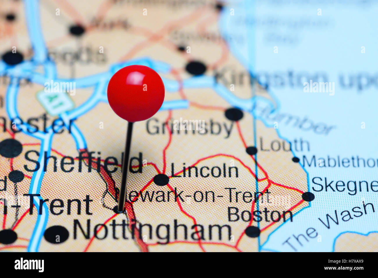 Newark-on-Trent pinned on a map of UK Stock Photo