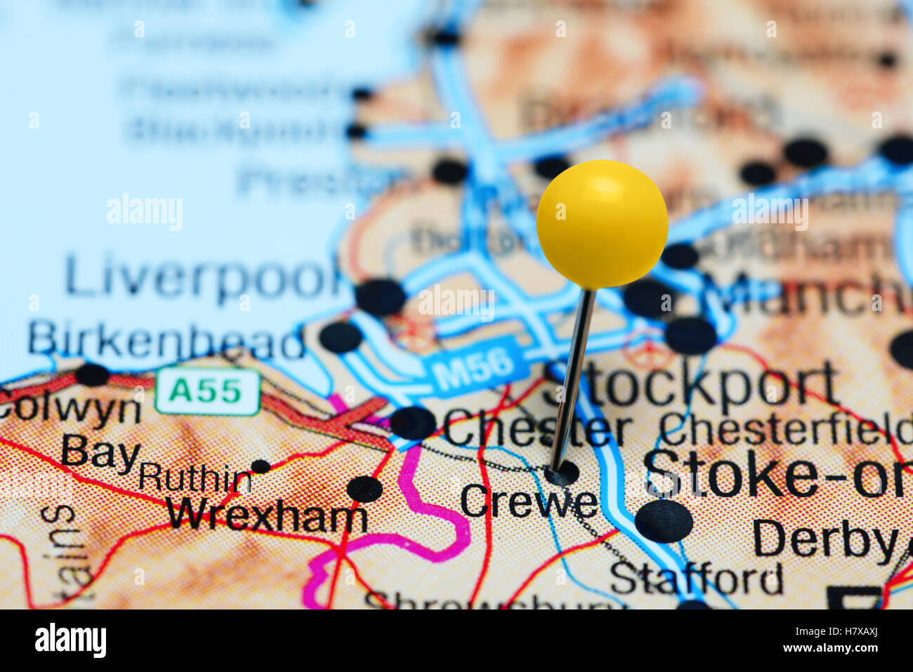 Crewe pinned on a map of UK Stock Photo