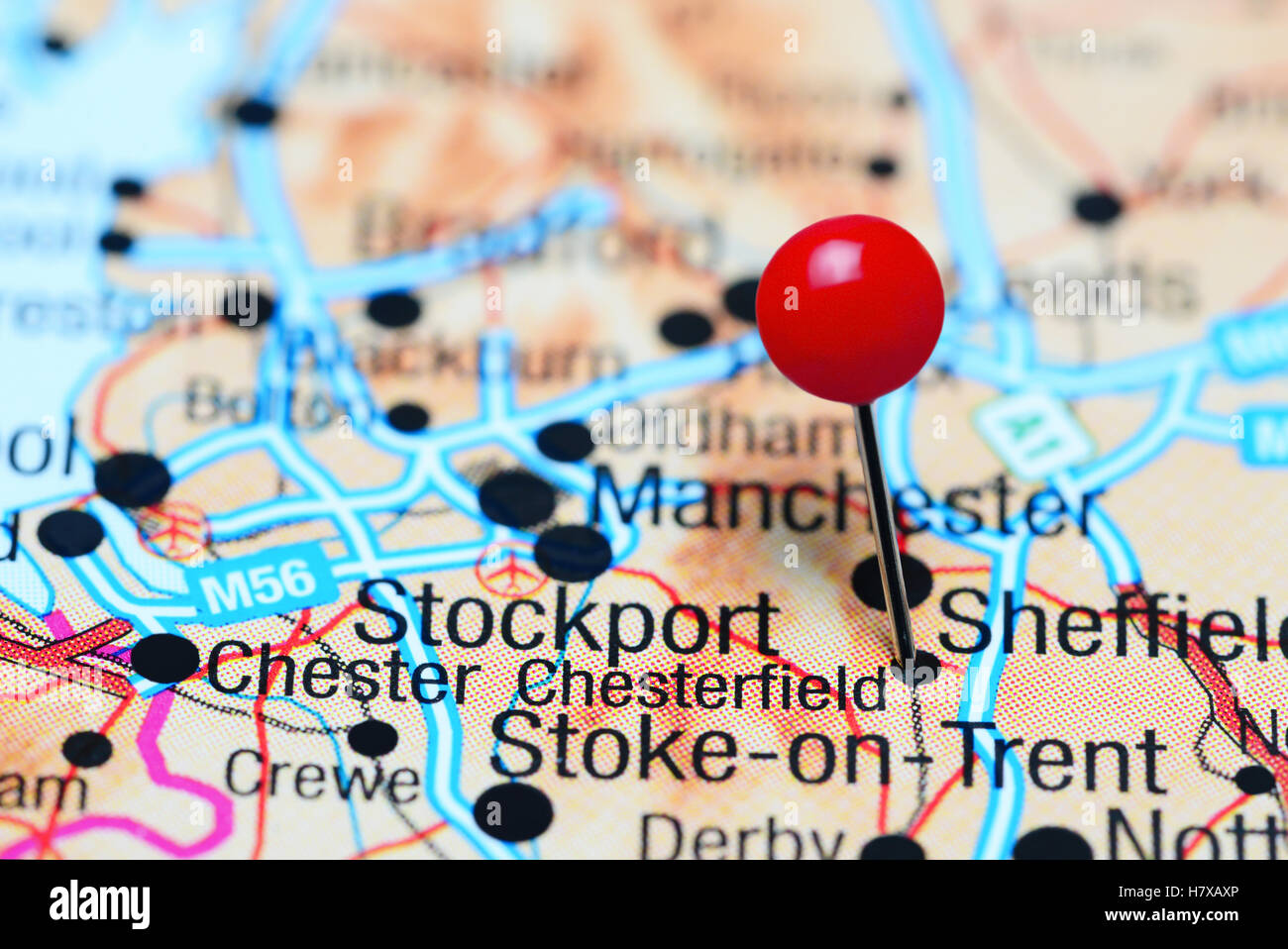 Chesterfield pinned on a map of UK Stock Photo
