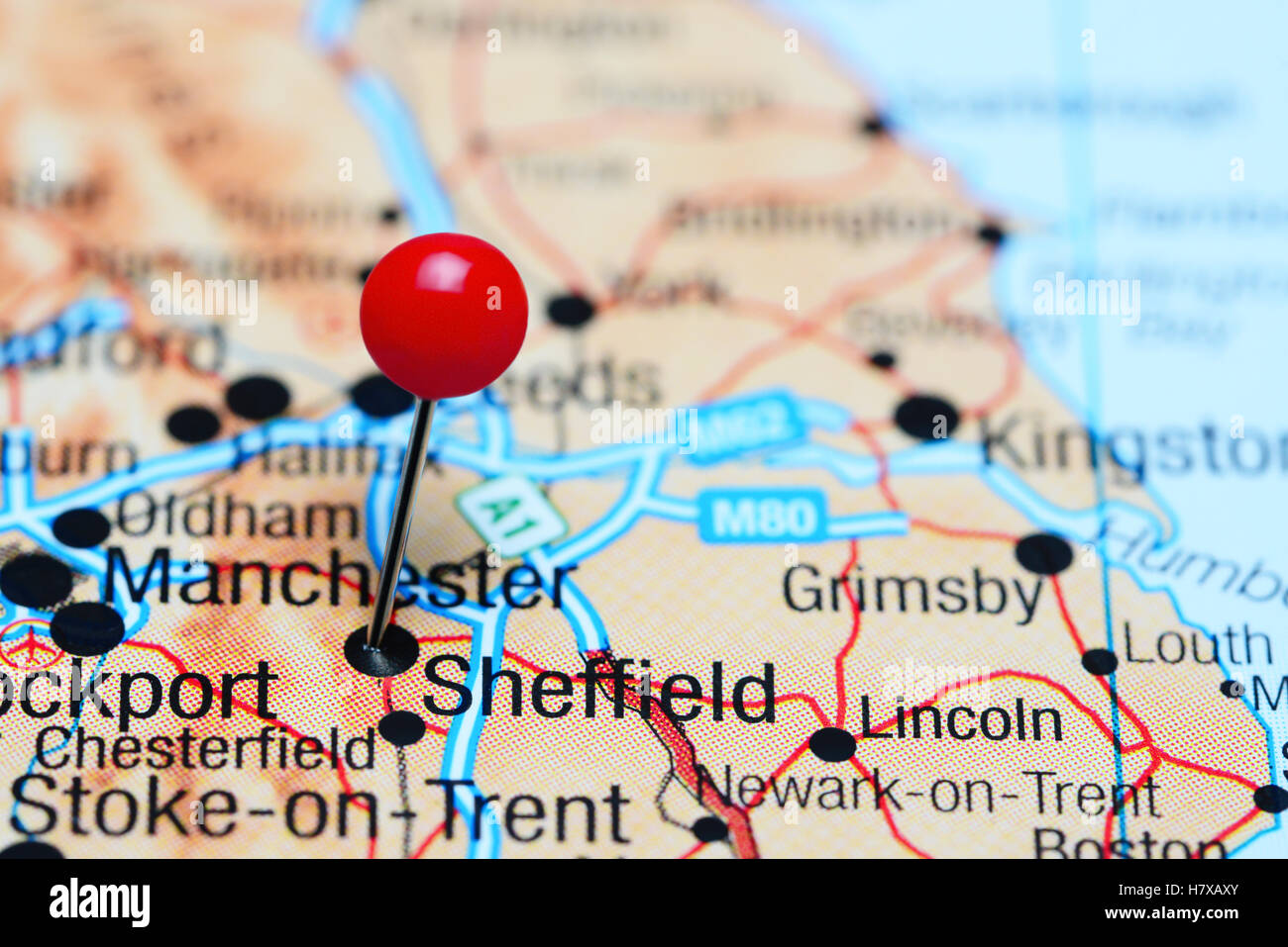 Sheffield pinned on a map of UK Stock Photo