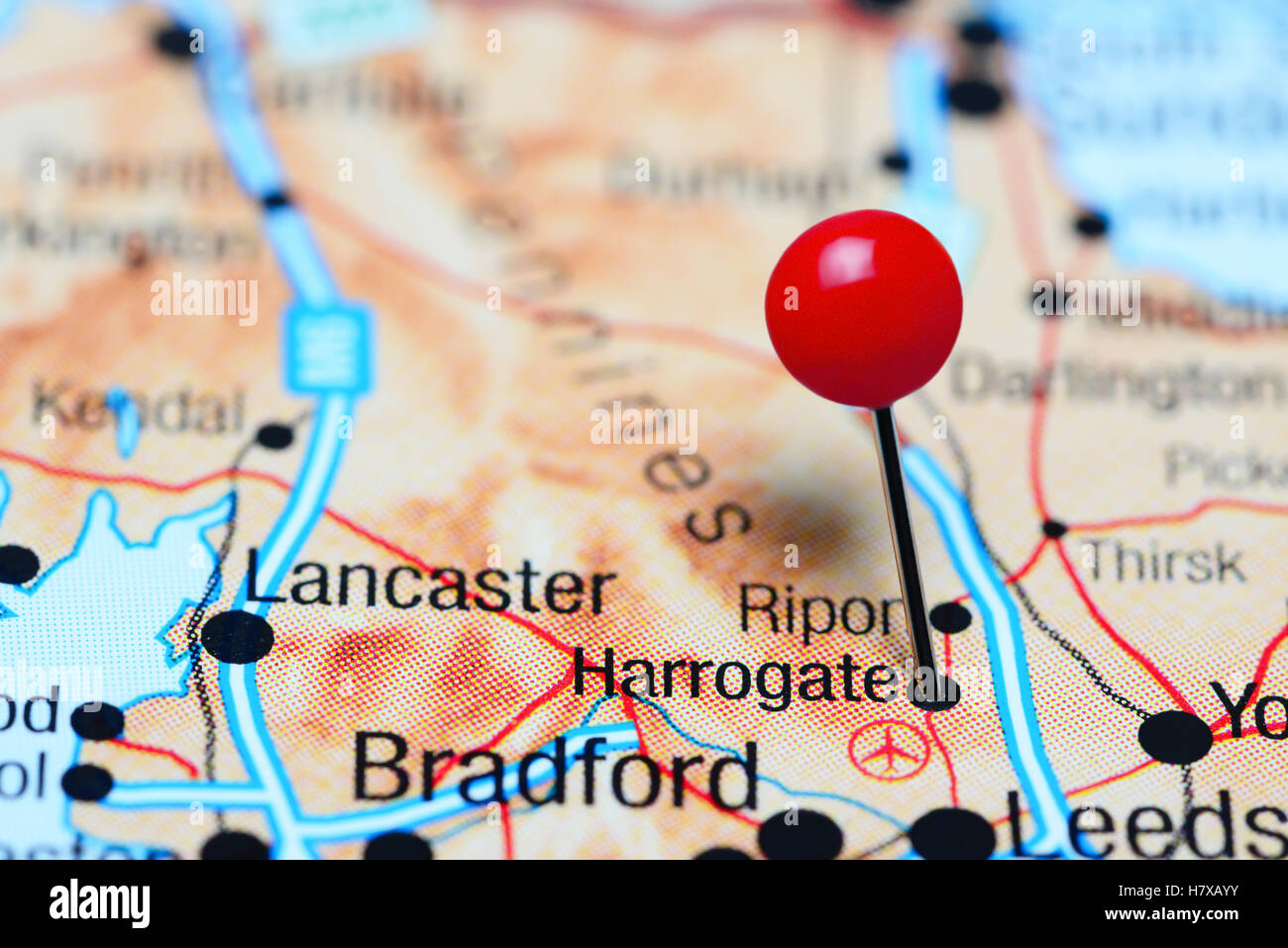 Harrogate pinned on a map of UK Stock Photo