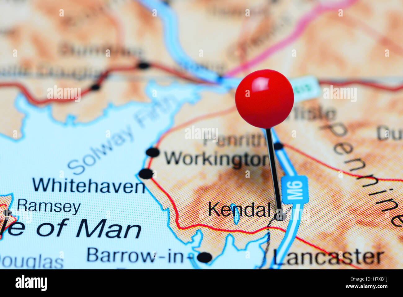 Kendal pinned on a map of UK Stock Photo
