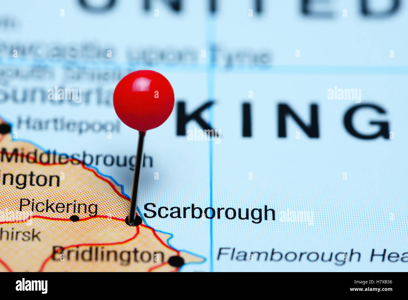 Scarborough pinned on a map of UK Stock Photo