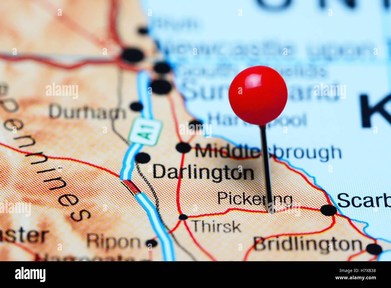 Pickering pinned on a map of UK Stock Photo