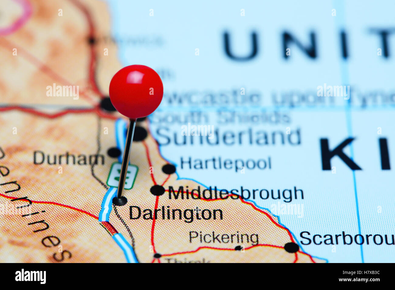 Darlington pinned on a map of UK Stock Photo