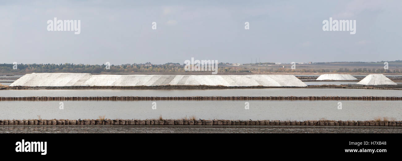 Sea field salines for extraction of sea salt with long salt piles. Stock Photo
