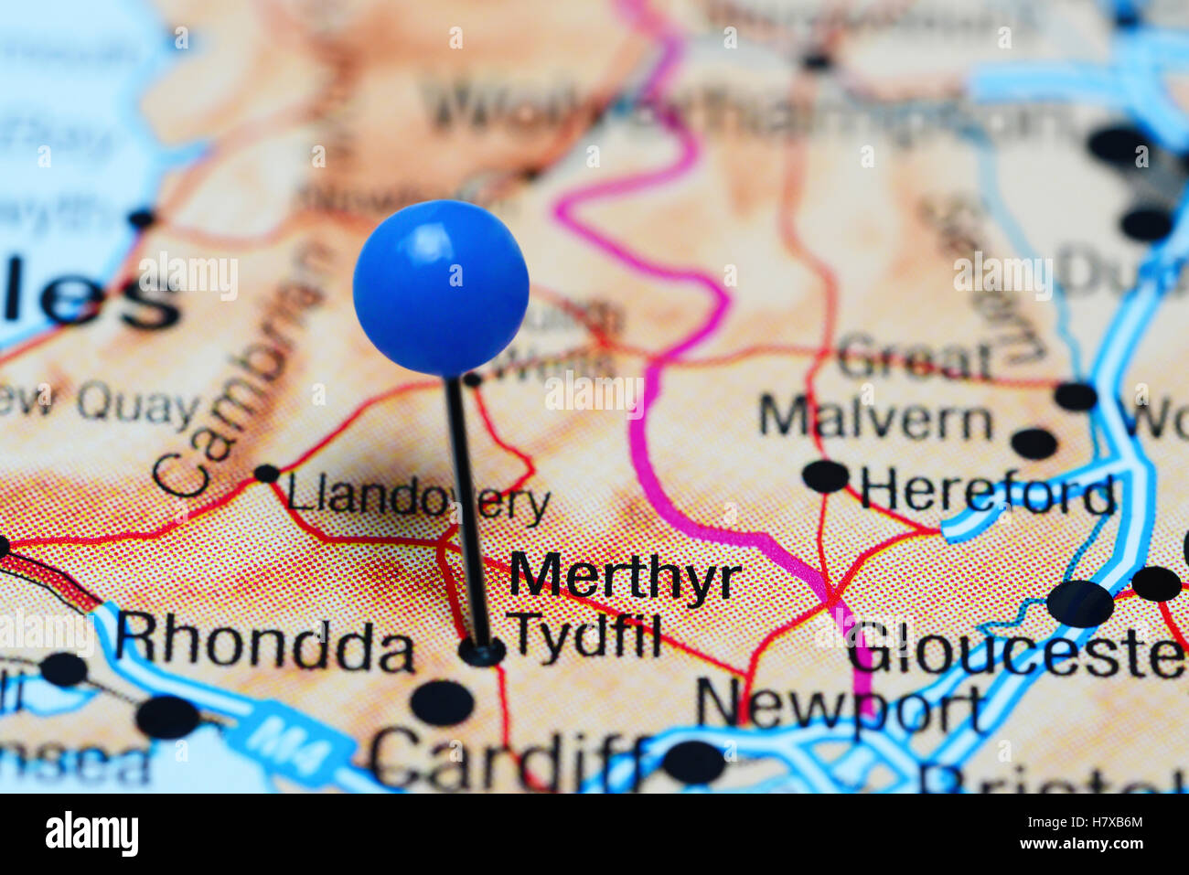 Merthyr Tydfil pinned on a map of Wales Stock Photo