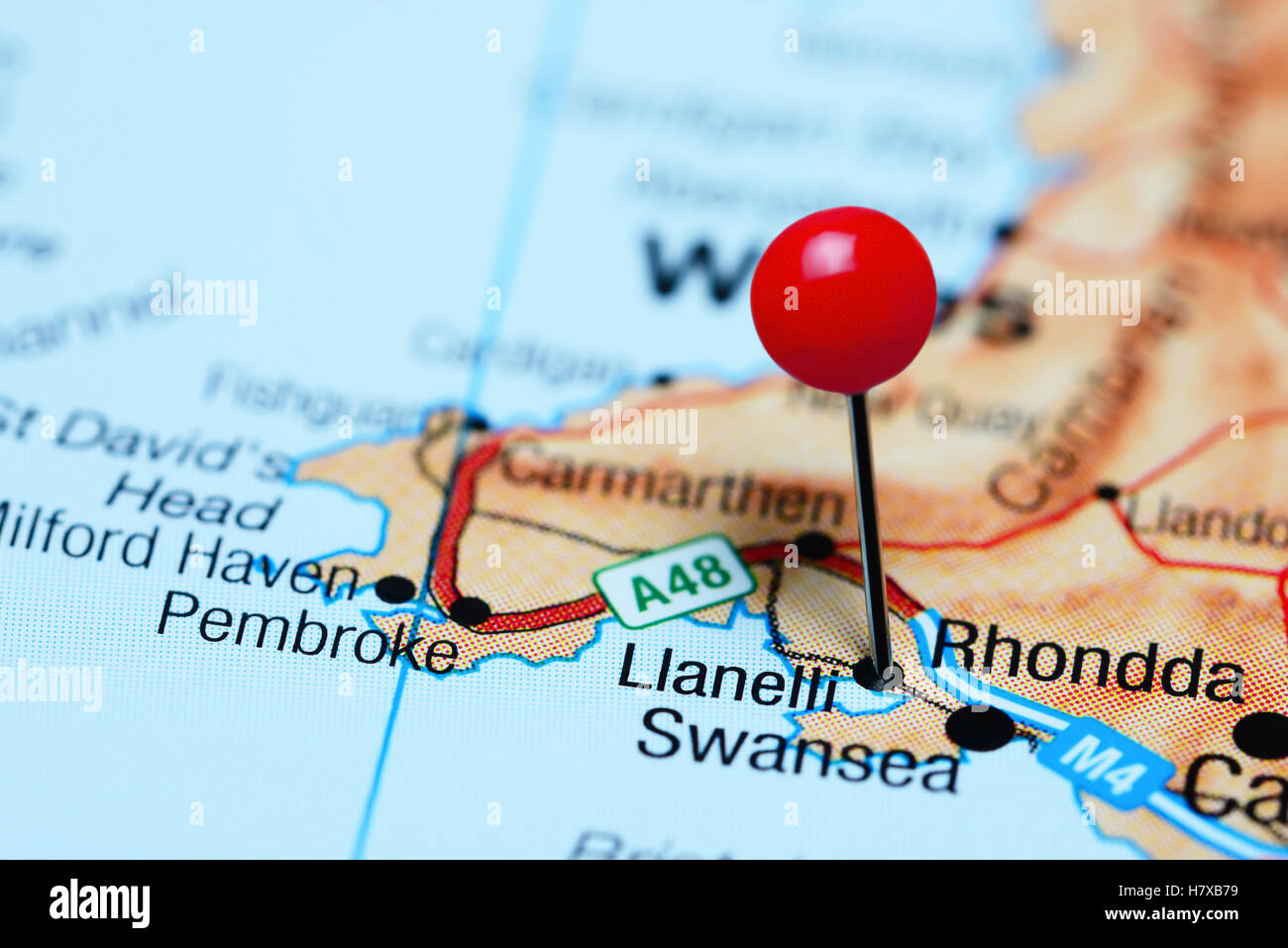 Llanelli pinned on a map of Wales Stock Photo