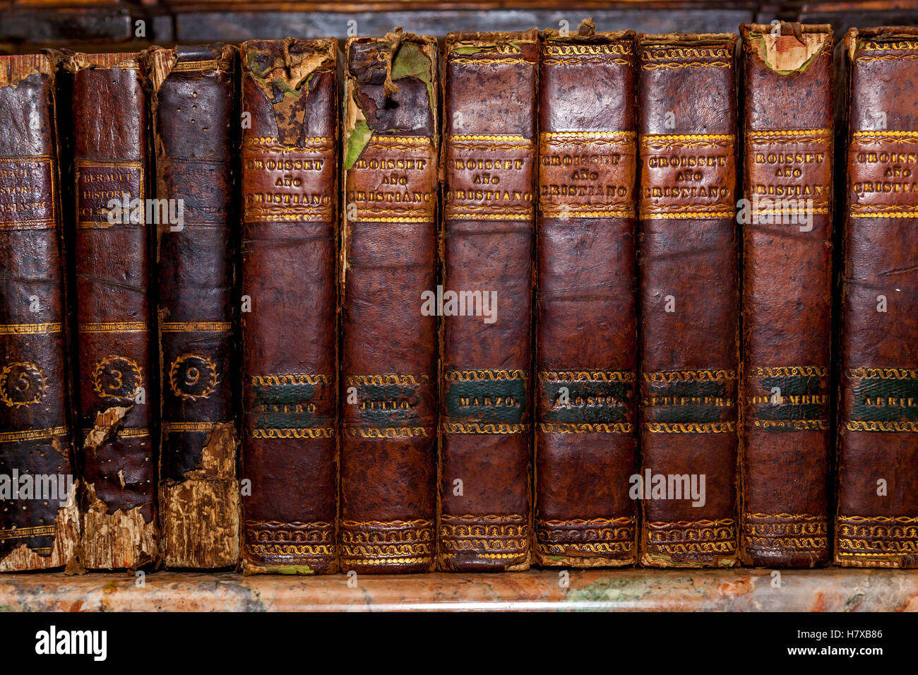 Spain Palm de Mallorka of June 20  Old books with worn covers  June 20, 2016 in Palm de Mallorka Spain Stock Photo