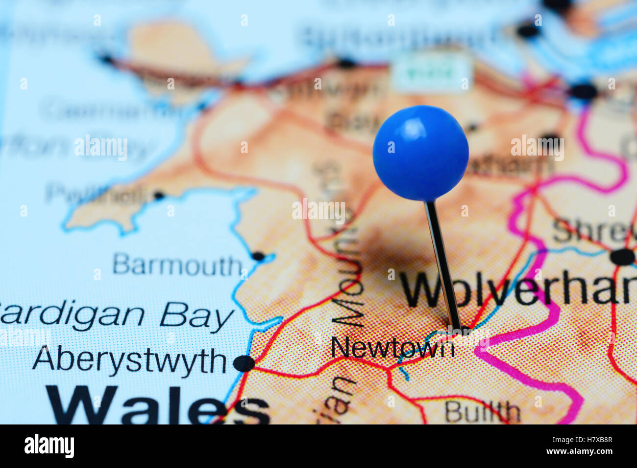 Newtown pinned on a map of Wales Stock Photo