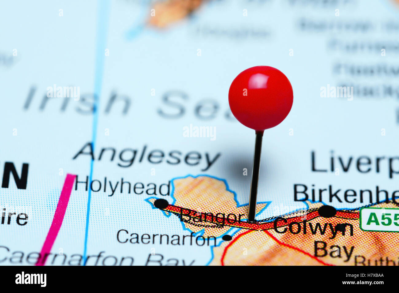 Bangor pinned on a map of Wales Stock Photo