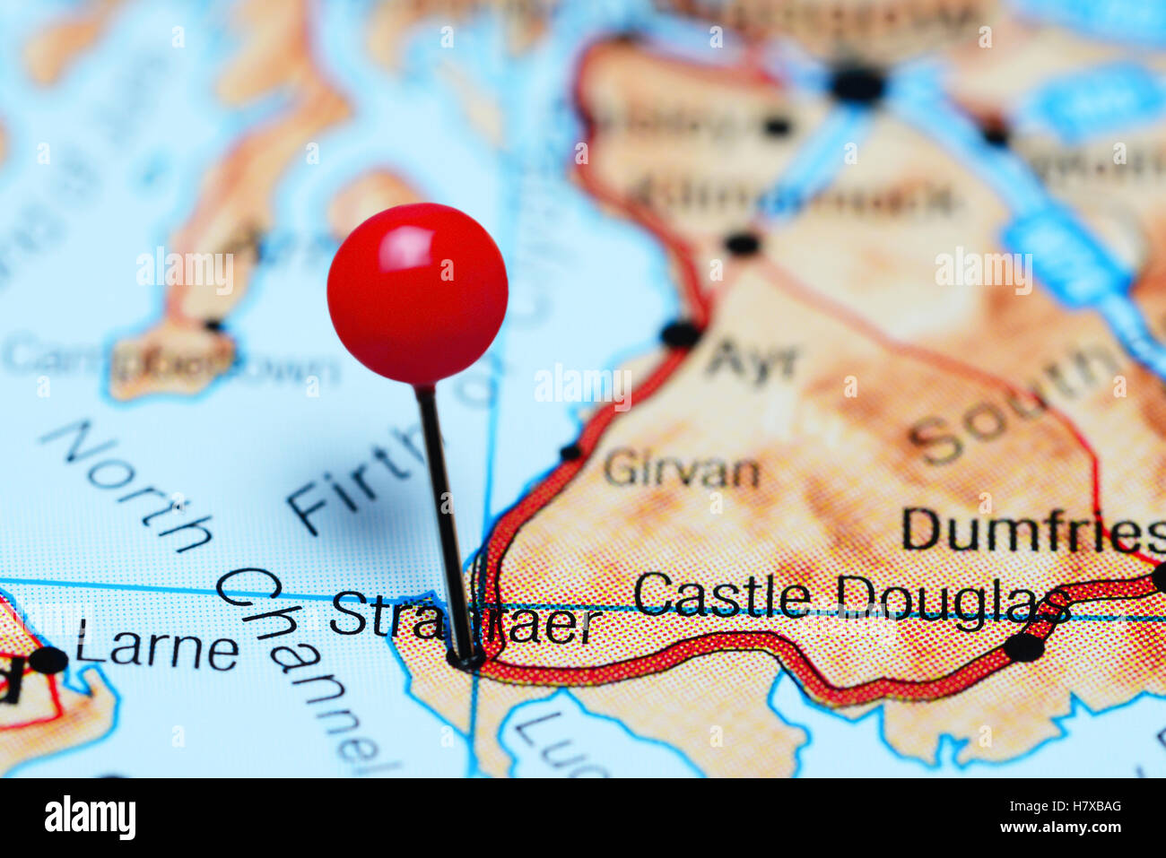 Stranraer pinned on a map of Scotland Stock Photo