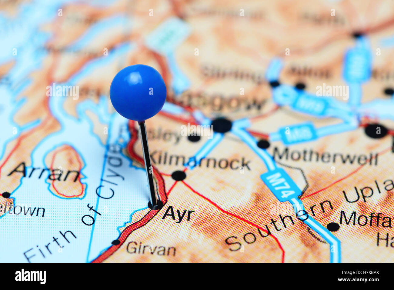 Ayr pinned on a map of Scotland Stock Photo