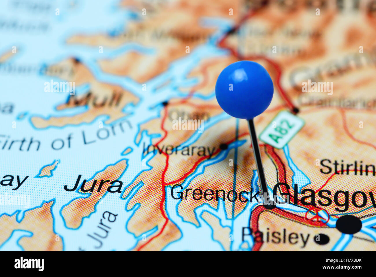 Greenock pinned on a map of Scotland Stock Photo