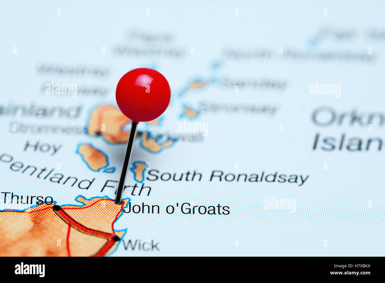 John o Groats pinned on a map of Scotland Stock Photo