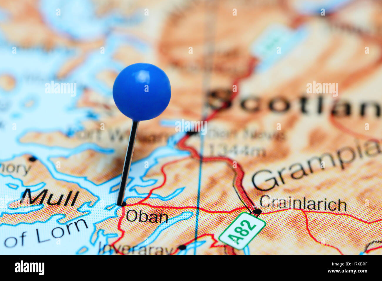 Oban pinned on a map of Scotland Stock Photo