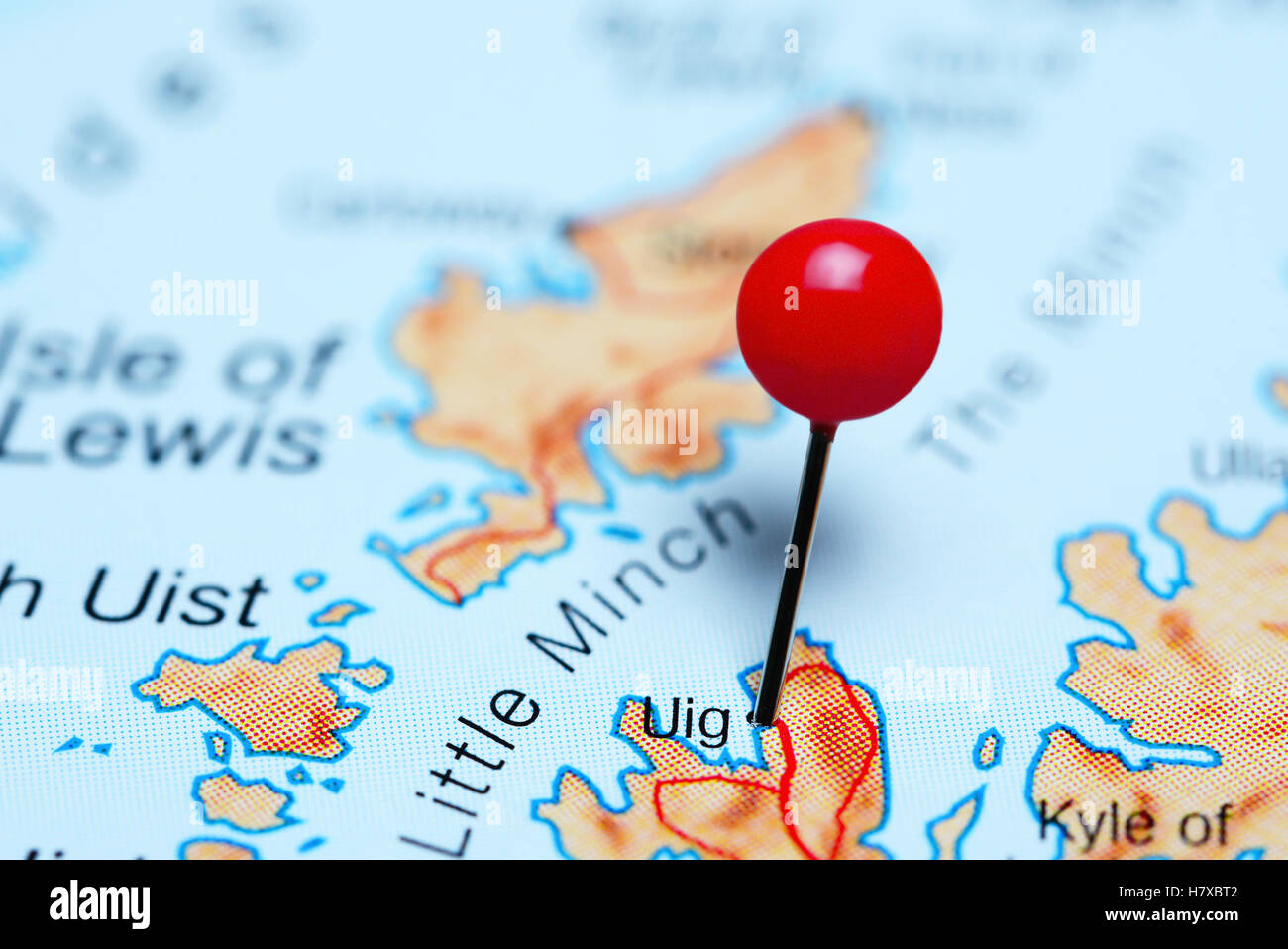 Uig pinned on a map of Scotland Stock Photo