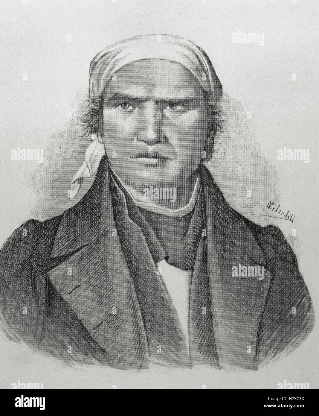 Jose María Morelos (1765-1815). Mexican priest and patriot, struggling for independence of Mexico. Portrait. Engraving in 'Americanos Celebres', 1888. By E. Vilardell. Stock Photo