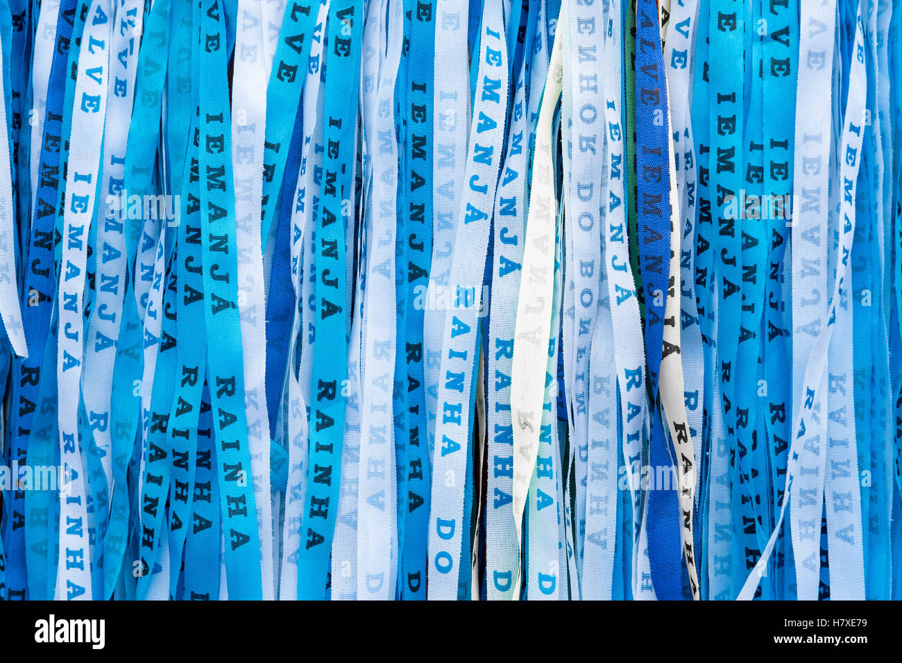 Blue Brazilian wish ribbons celebrating the Festival of Yemanja, Rainha do Mar (Queen of the Sea, in the Yoruba religion) Bahia Stock Photo