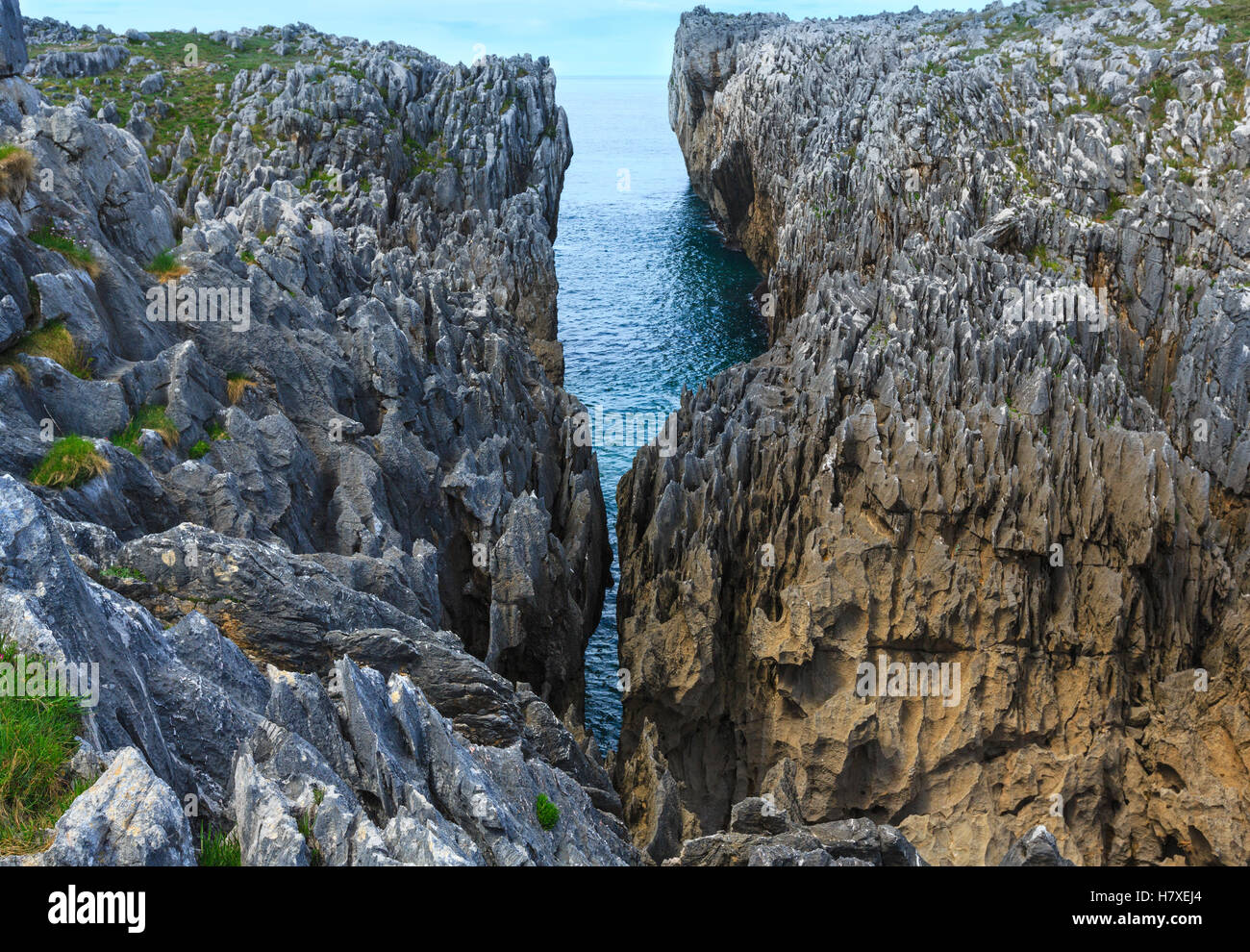 Bay of Biscay summer rocky coast view, Spain, Asturias, near Camango ...