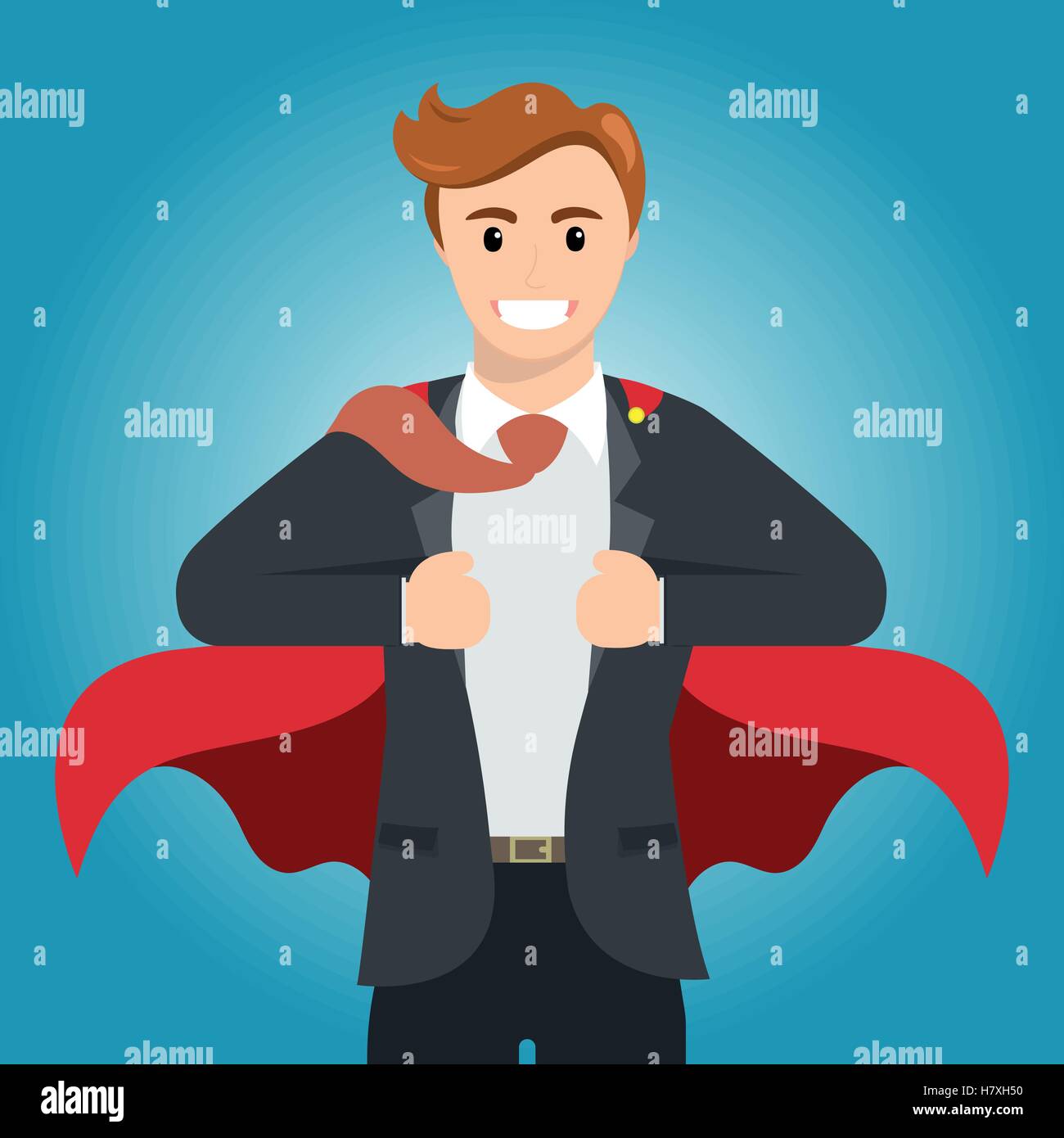 Businessman turns in Superhero with red cape Stock Vector