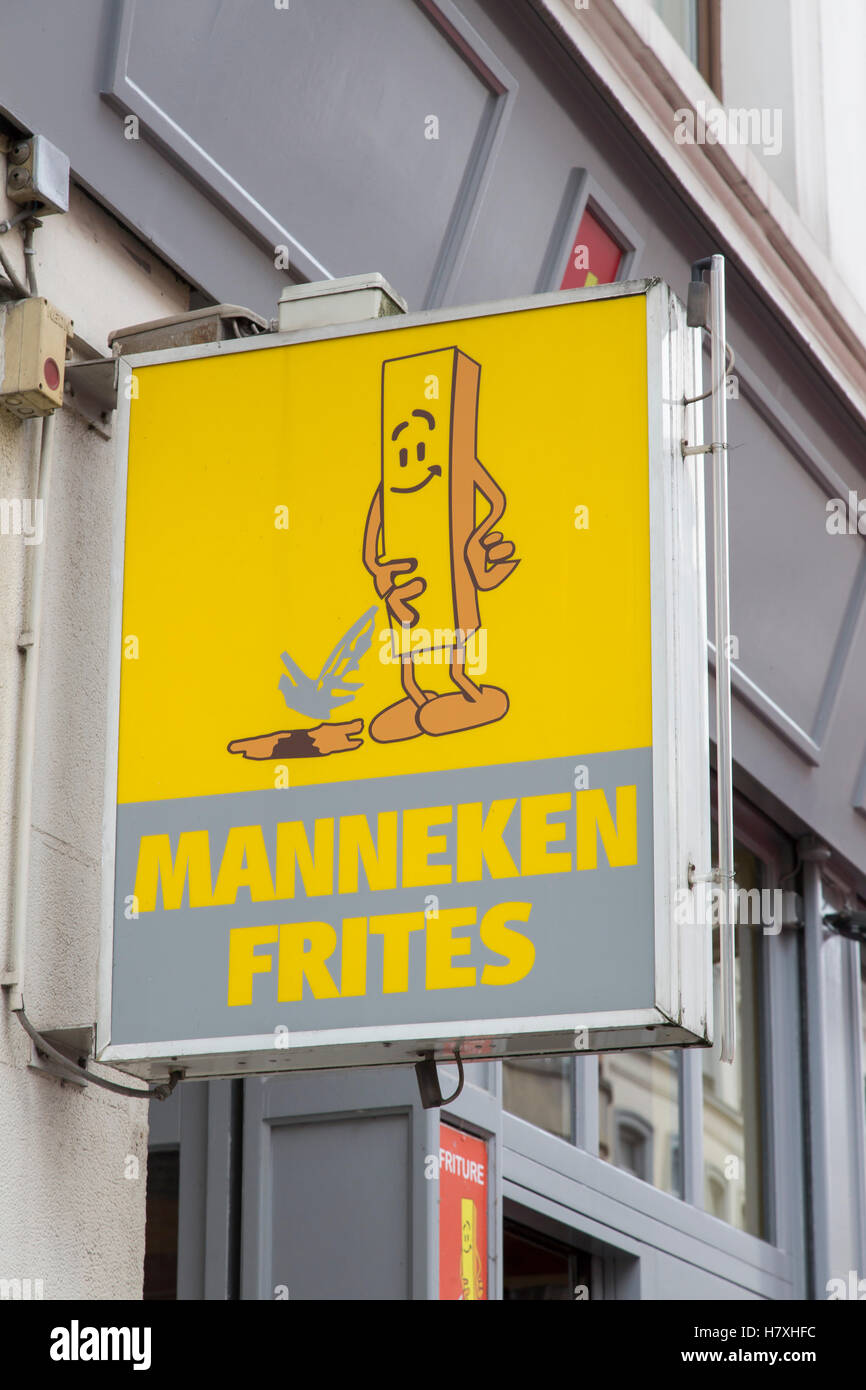 Typical Belgium fast food, French Fries restaurant, Belgium frites, Brussels, Belgium, Manneken Pis Logo Stock Photo