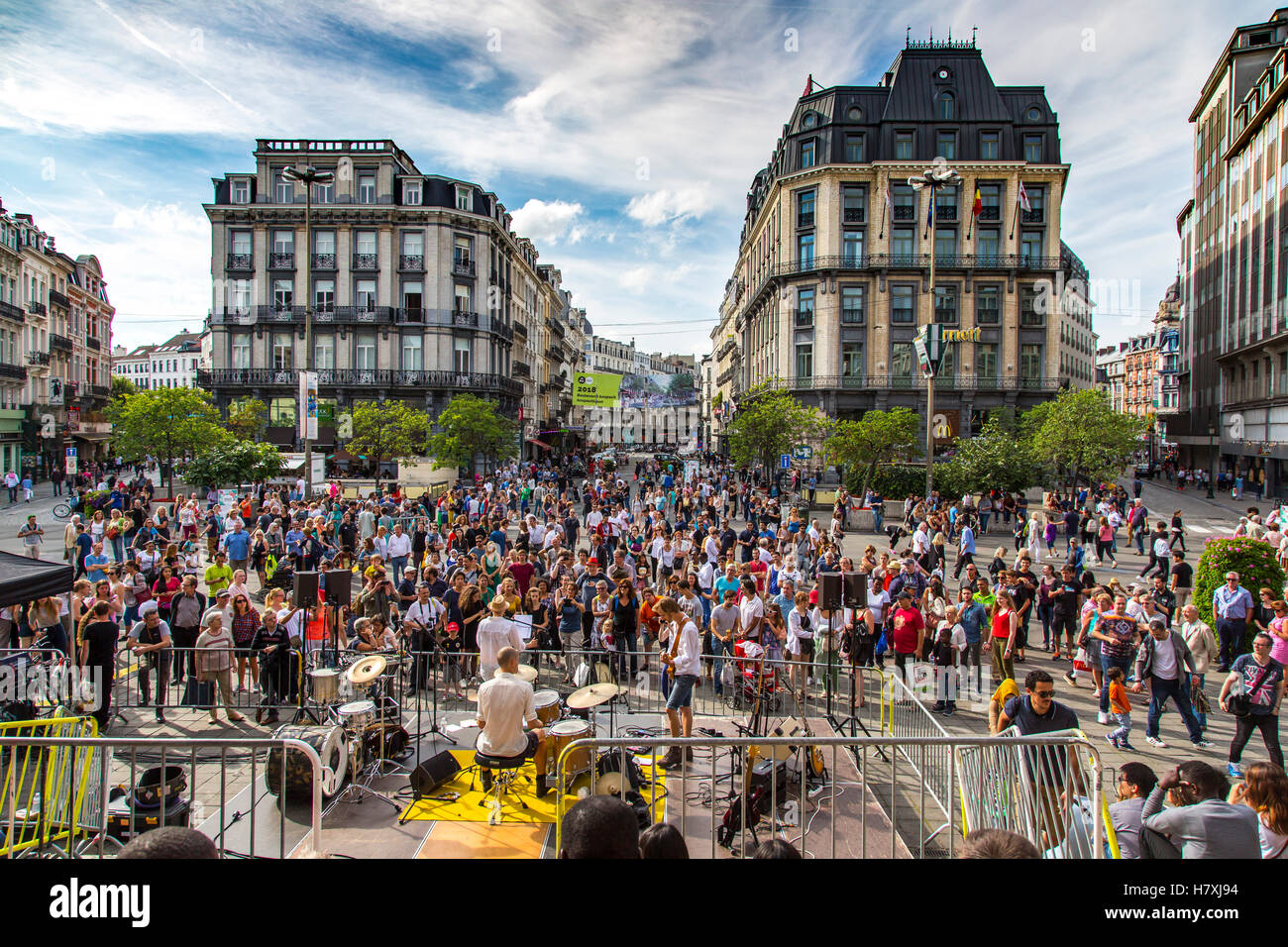 Brussels, Belgium, the stock market square on Boulevard Anspach, live music, concert before the stock market, many spectators, Stock Photo