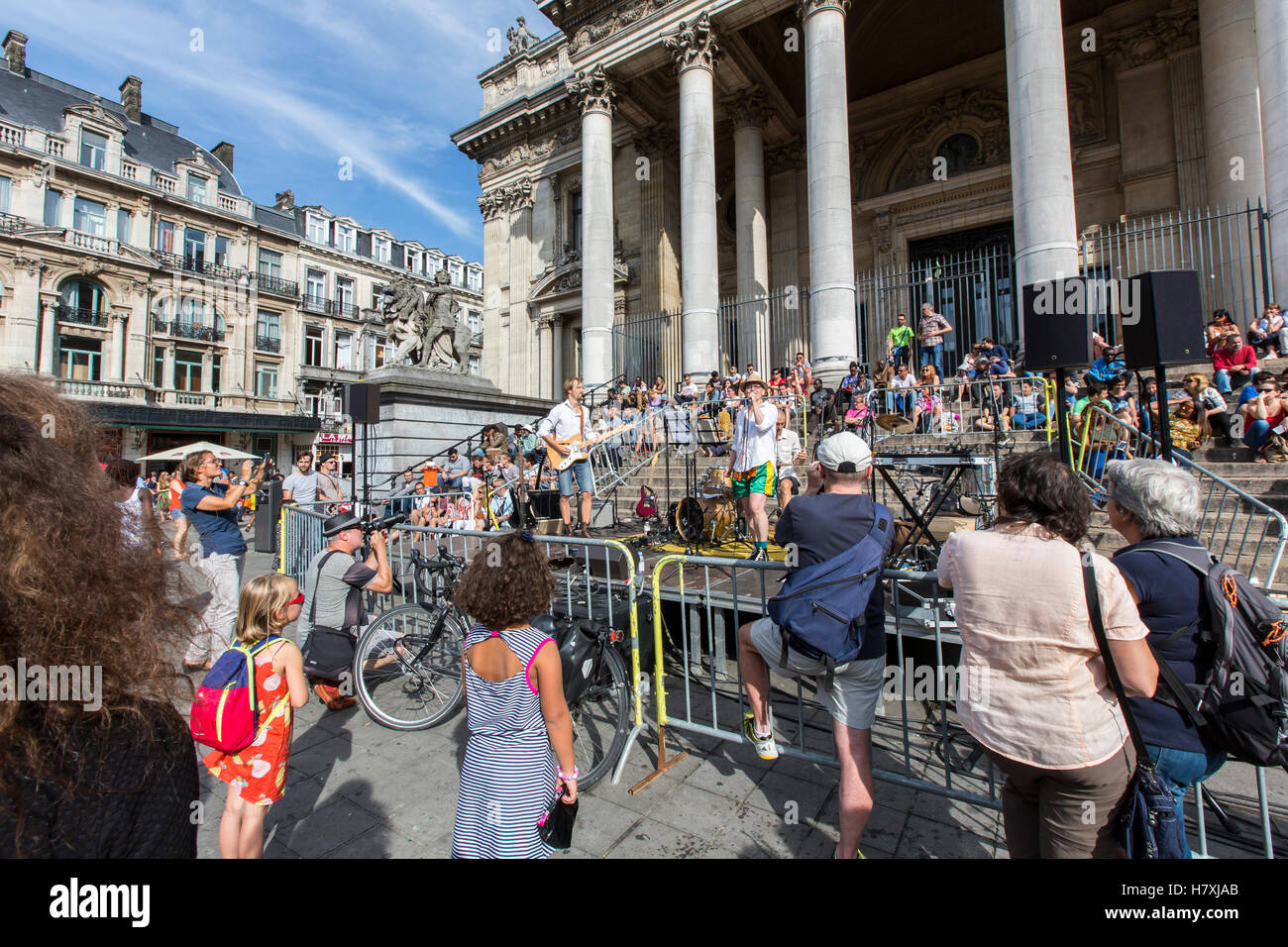 Brussels, Belgium, the stock market square on Boulevard Anspach, live music, concert before the stock market, many spectators, Stock Photo