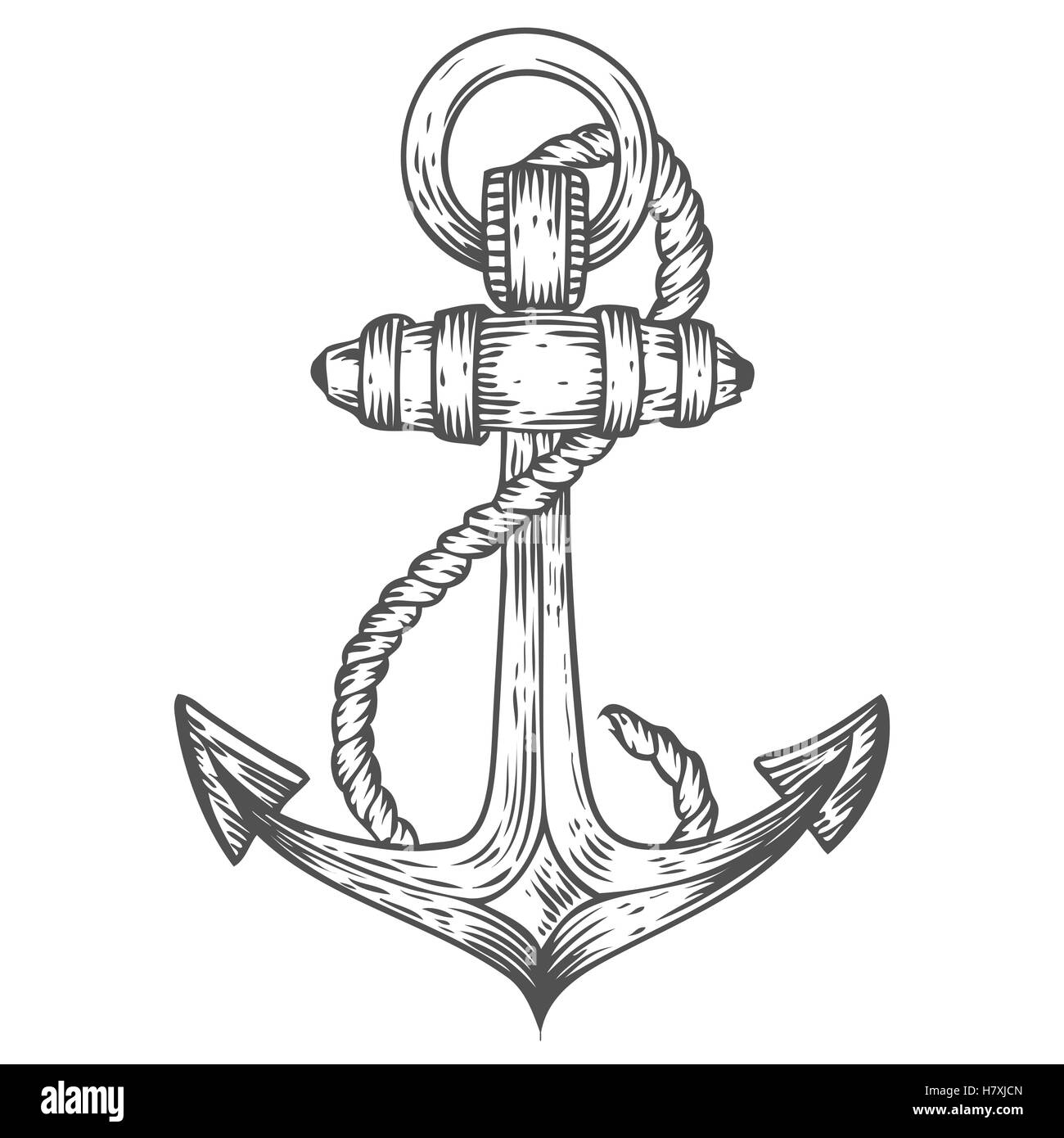Anchor with rope engraving hand drawn sketch vector nautical illustration. Retro vintage marine equipment. Metal anchor label. A Stock Vector
