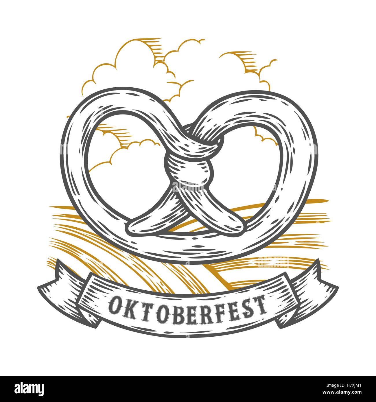 Oktoberfest pretzel. Happy oktoberfest. Black vintage engraved hand drawn vector illustration. Sketch Wooden cylindrical contain Stock Vector