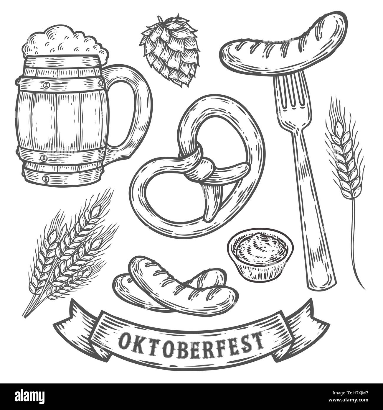 Wooden craft beer mug, pretzel, wheat, fork, sausage, hop, mustard. Oktoberfest vector set. Black vintage engraved hand drawn sk Stock Vector