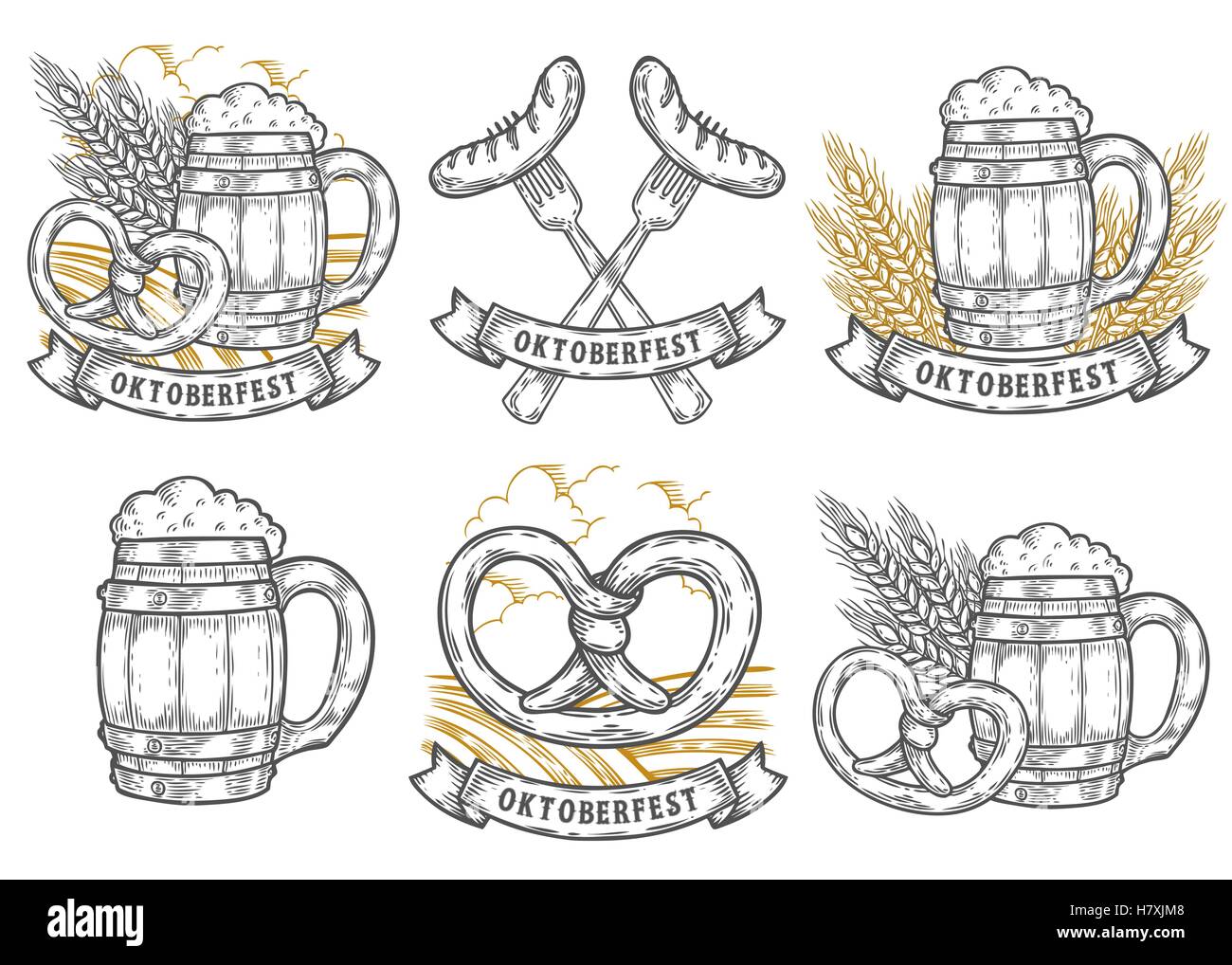 Wooden craft beer mug, wheat, sausage, pretzel. Oktoberfest labels set. Black vintage engraved hand drawn vector sketch illustra Stock Vector