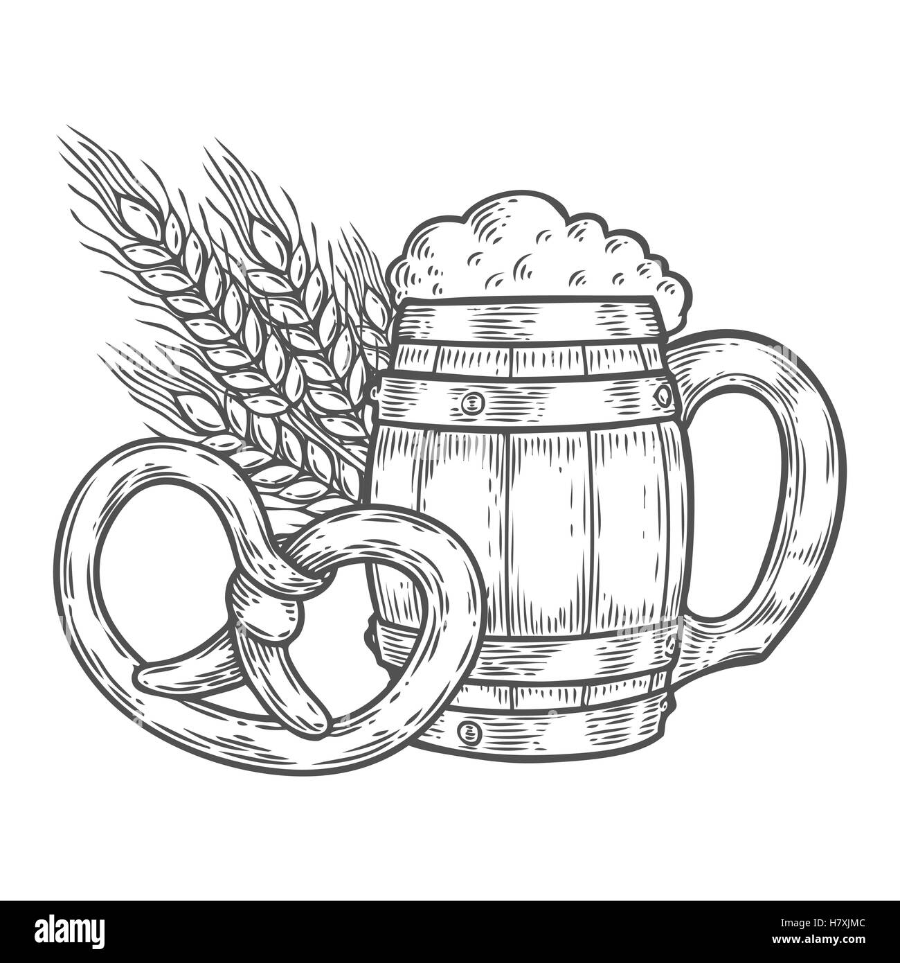 Wooden craft beer oktoberfest mug, pretzel, wheat. Black vintage engraved hand drawn vector illustration. Sketch Wooden cylindri Stock Vector