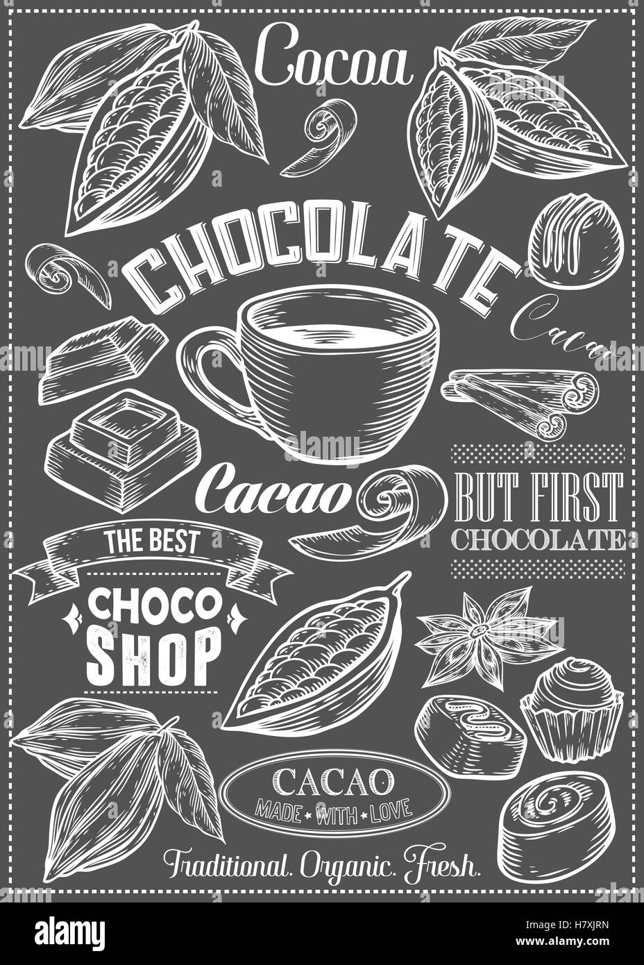 Cocoa, cacao, chocolate Vector set of Dessert Spices logos, labels, badges and design elements. Retro text. Vintage illustration Stock Vector