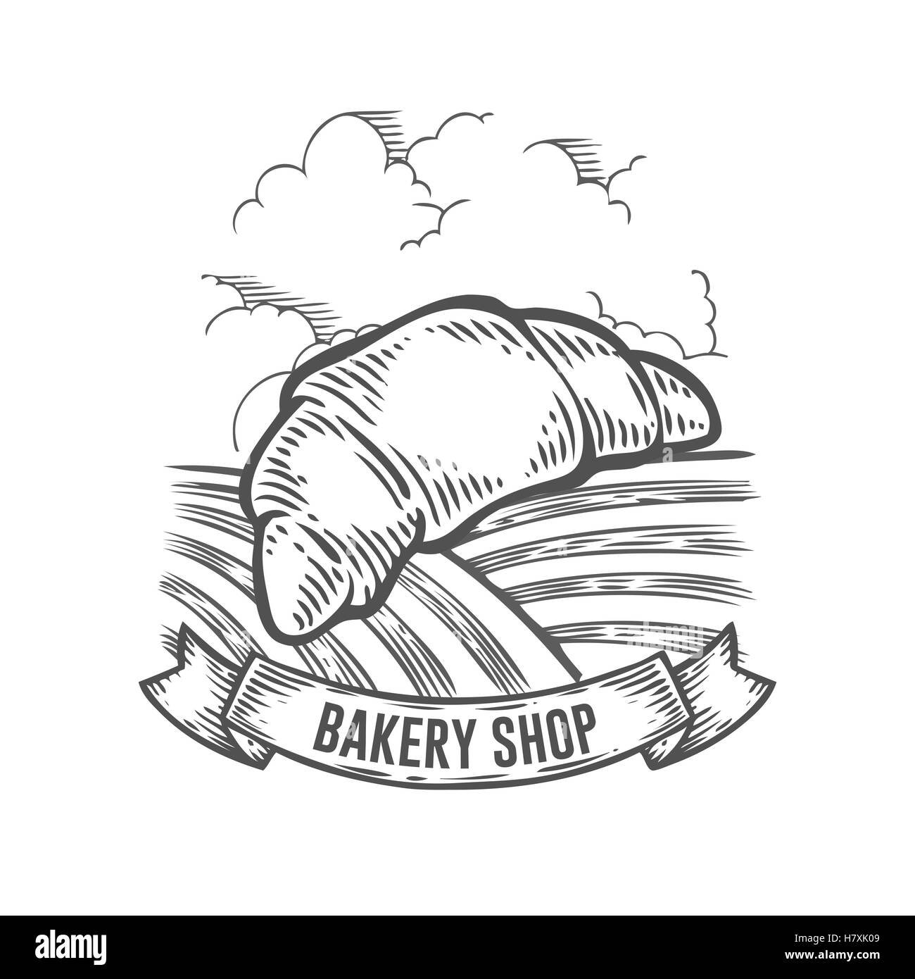 Bakery shop croissant bread badge. Monochrome vintage engraved bun ...