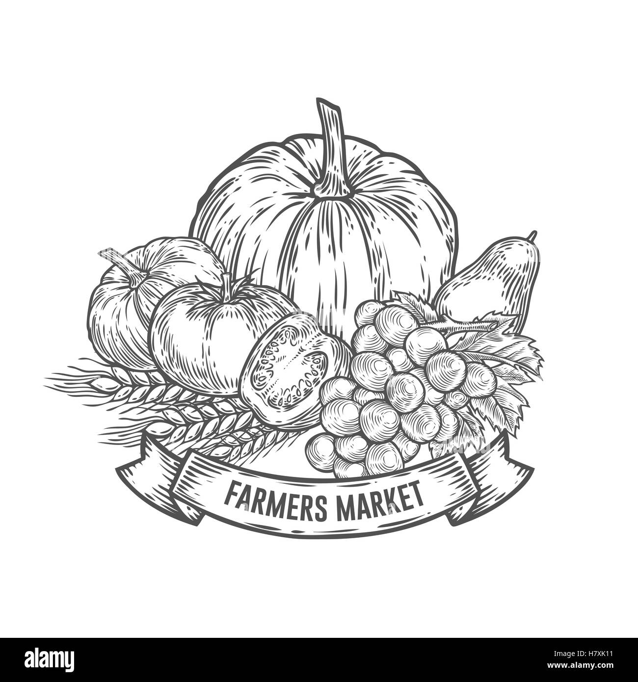 Farmers market badge. Monochrome vintage engraving fresh organic vegetables, wheat and fruits sign isolated on white background. Stock Vector