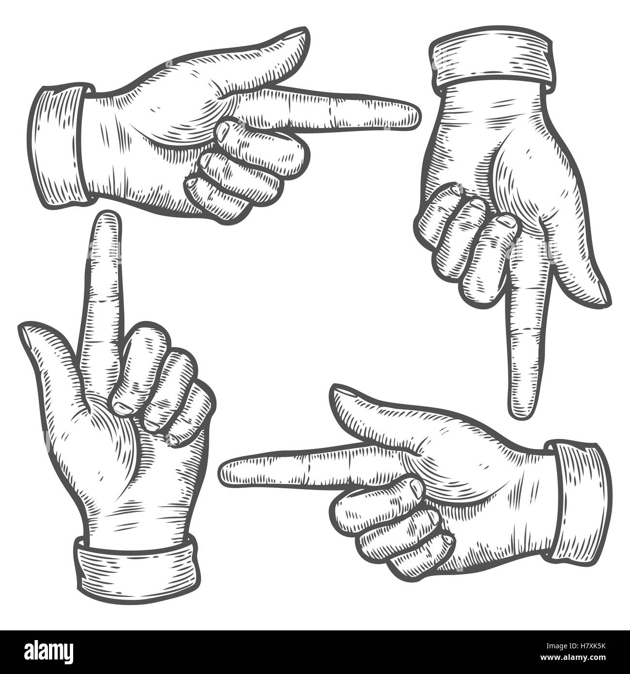 Hand gesture. Set of gestures. Pointing up down left right finger. Retro vintage sketch vector illustration. Engraving style. Bl Stock Vector