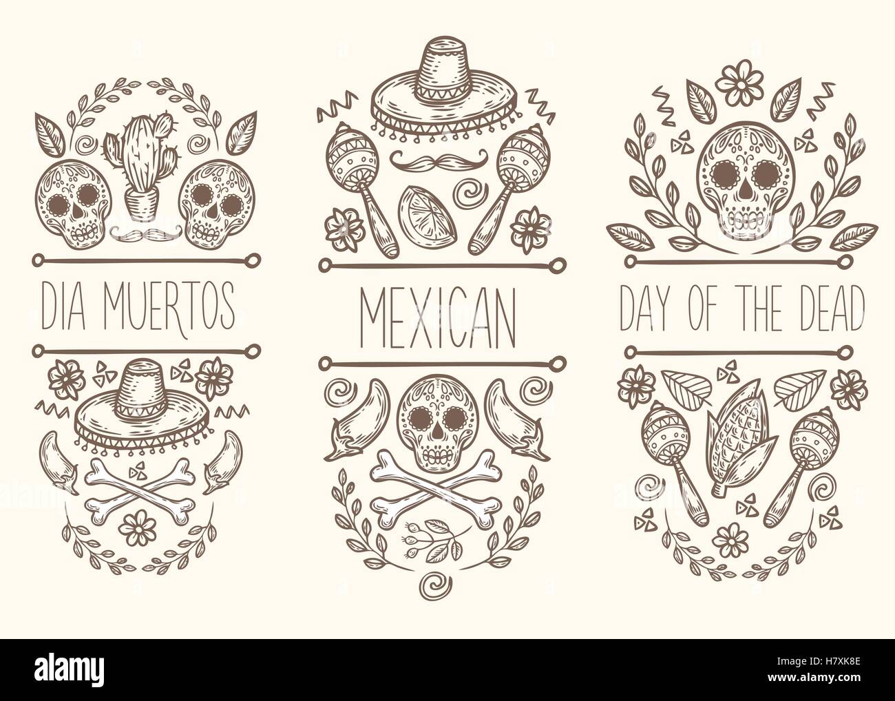 Mexican sketch doodle collection, vector hand drawn label elements. Skull, sugar skull, sombrero, chili, cactus, lime, lemon, mo Stock Vector