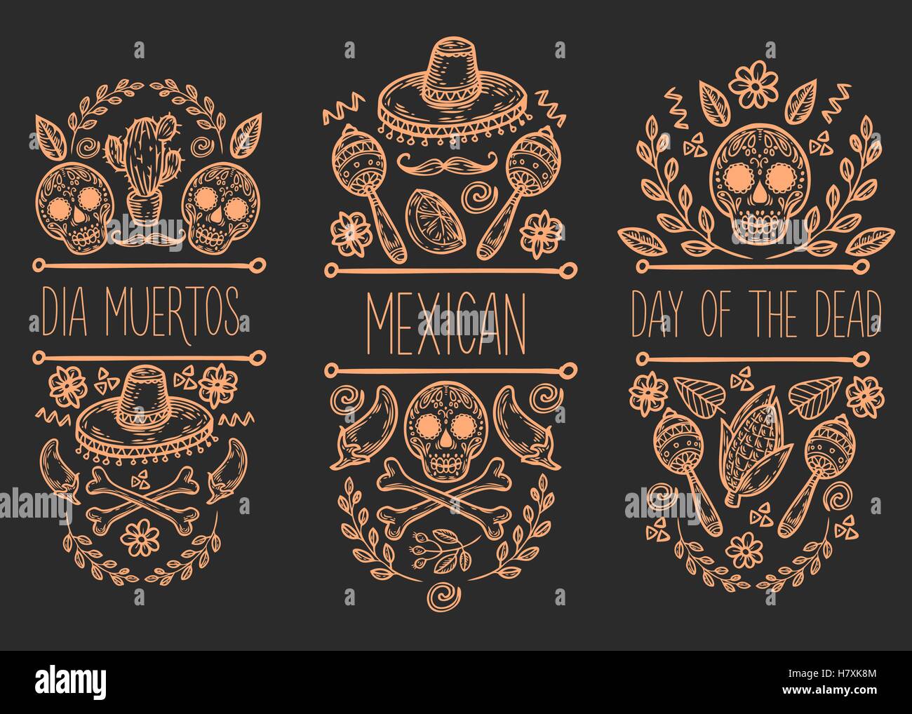 Mexican sketch doodle collection, vector hand drawn label elements. Skull, sugar skull, sombrero, chili, cactus, lime, lemon, mo Stock Vector