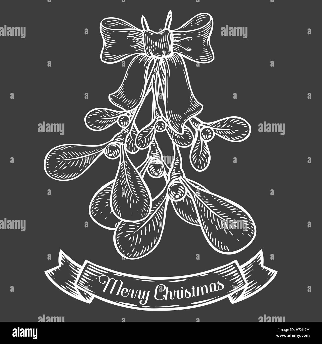 Hand drawn mistletoe plant with berry. Vector Christmas plant retro vintage style. Romantic Christmas illustration. Greeting car Stock Vector