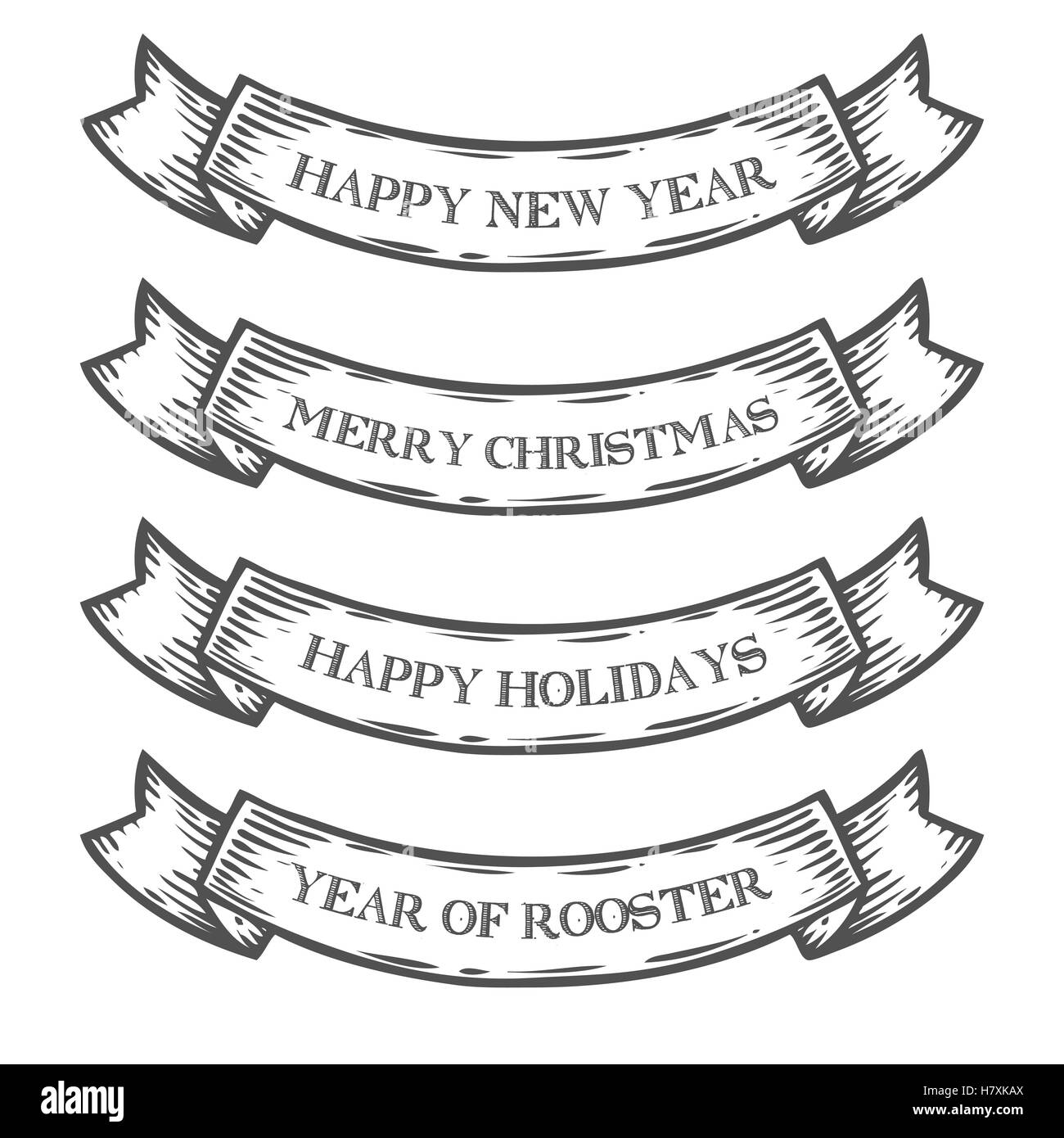 New Year 2017, Merry Christmas, Happy holidays, Year of Rooster emblem ribbon. Monochrome medieval set vintage engraving sign is Stock Vector