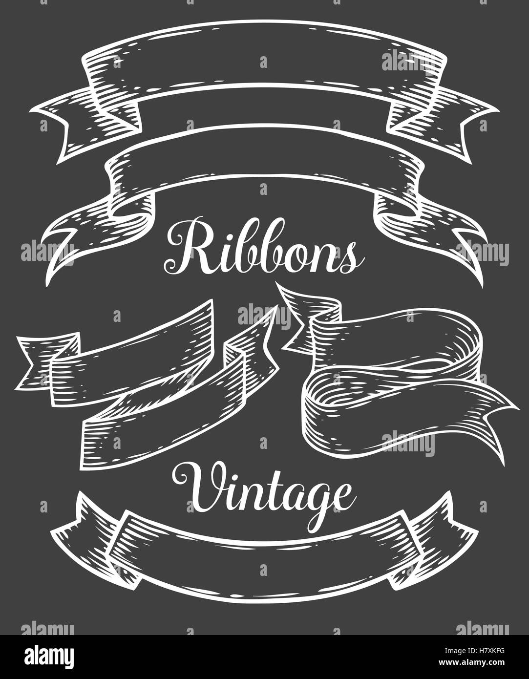 Ribbon retro vintage hand drawn illustration vector set. Sketch banners, old school style. For decoration, scrapbook and web, mo Stock Vector