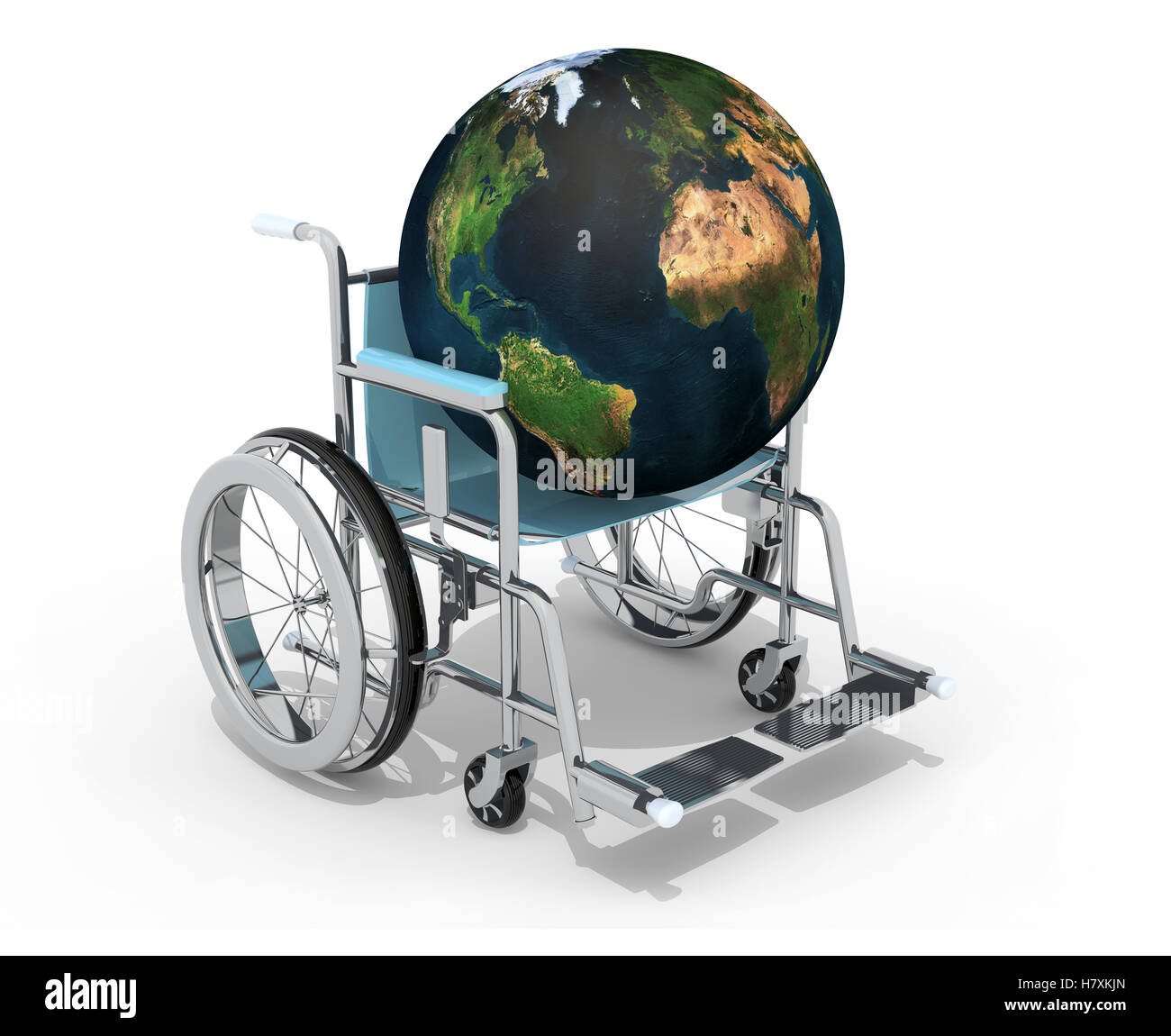 planet earth on a wheelchair isolated 3d illustration, Elements of this image furnished by NASA. Stock Photo