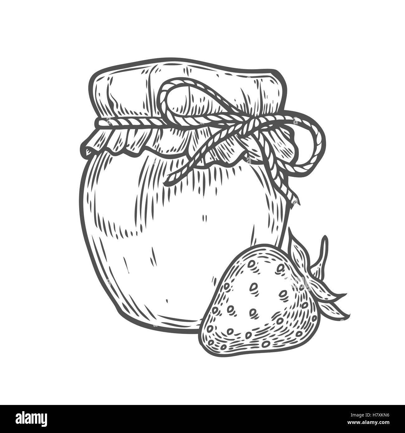 Strawberry jam jar Ink hand drawn vector illustration. Harvest autumn illustration. Engraved organic food sketch illustration. B Stock Vector