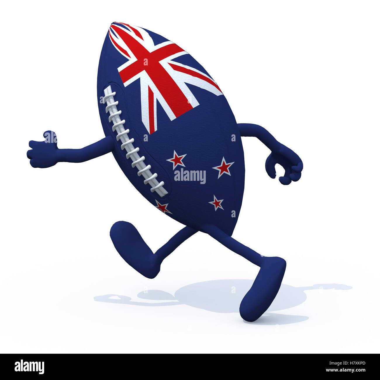 New Zealand flag on rugby ball with arms and legs that run away, 3D Illustration Stock Photo