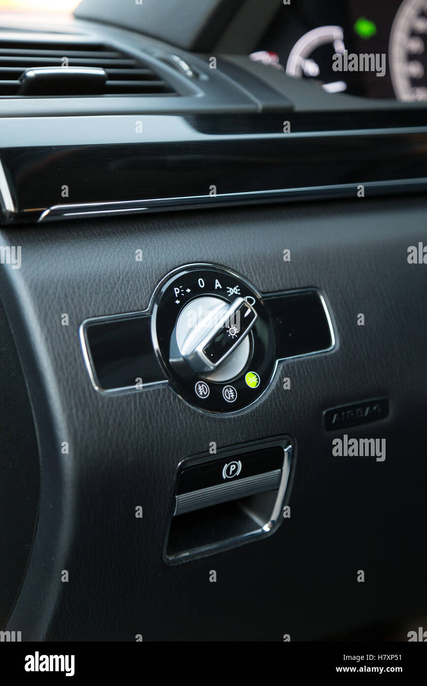 Interior (Designo) of used Mercedes-Benz S-Class S350 long (W221) car stand on a street in Mytishchi District in Moscow Oblast, Stock Photo